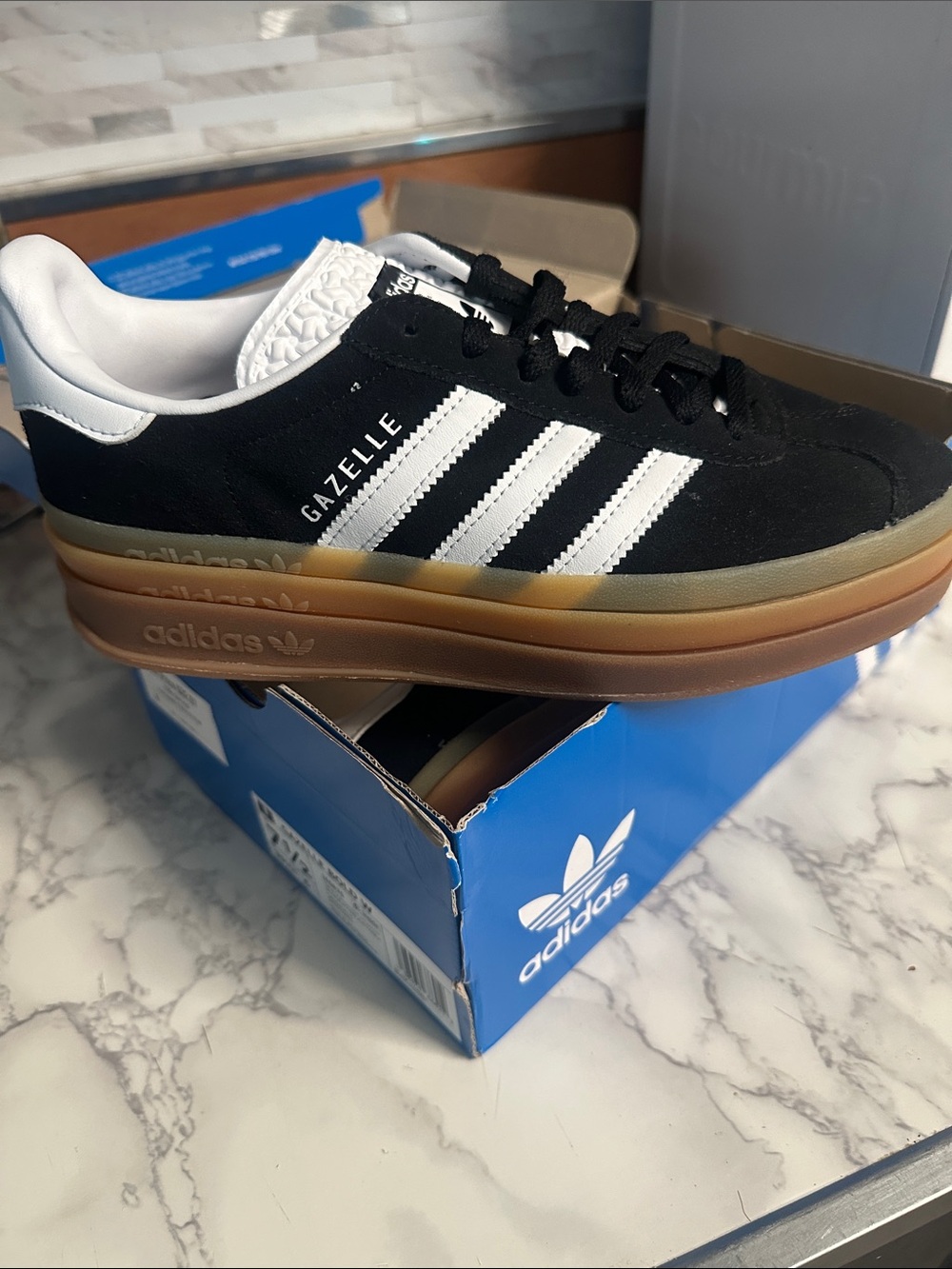 adidas Gazelle Women’s Black/White Suede Sneaker with Gum Sole